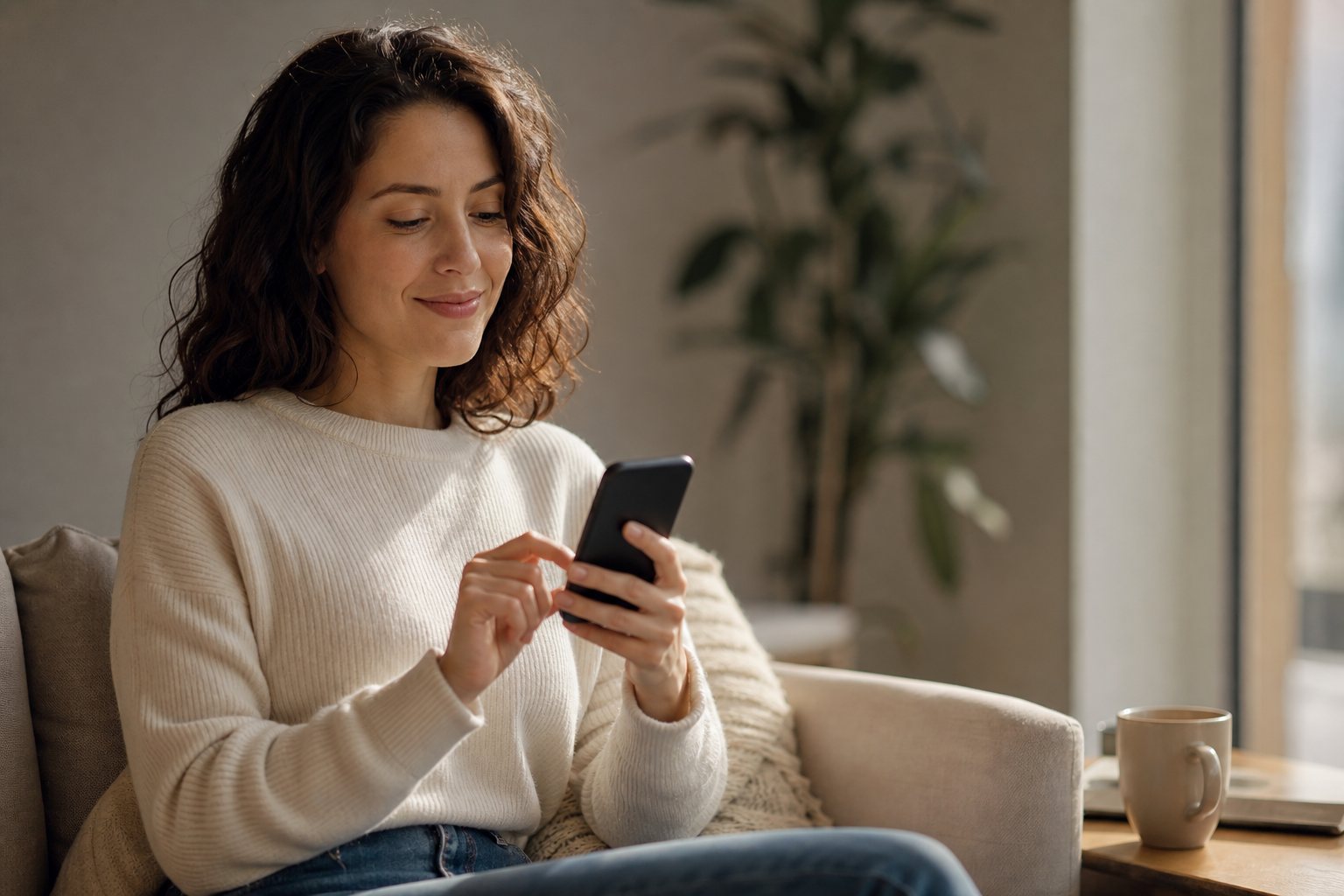 A woman completing the intake on her phone at home