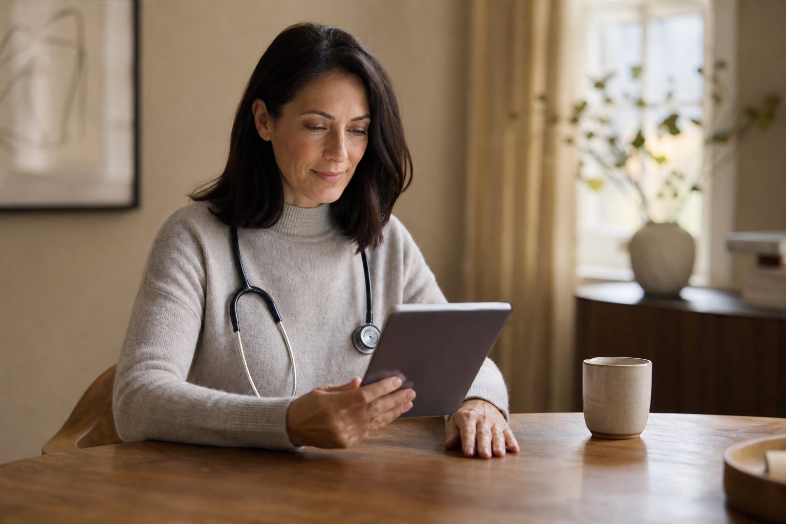 A physician reviewing an intake on a tablet